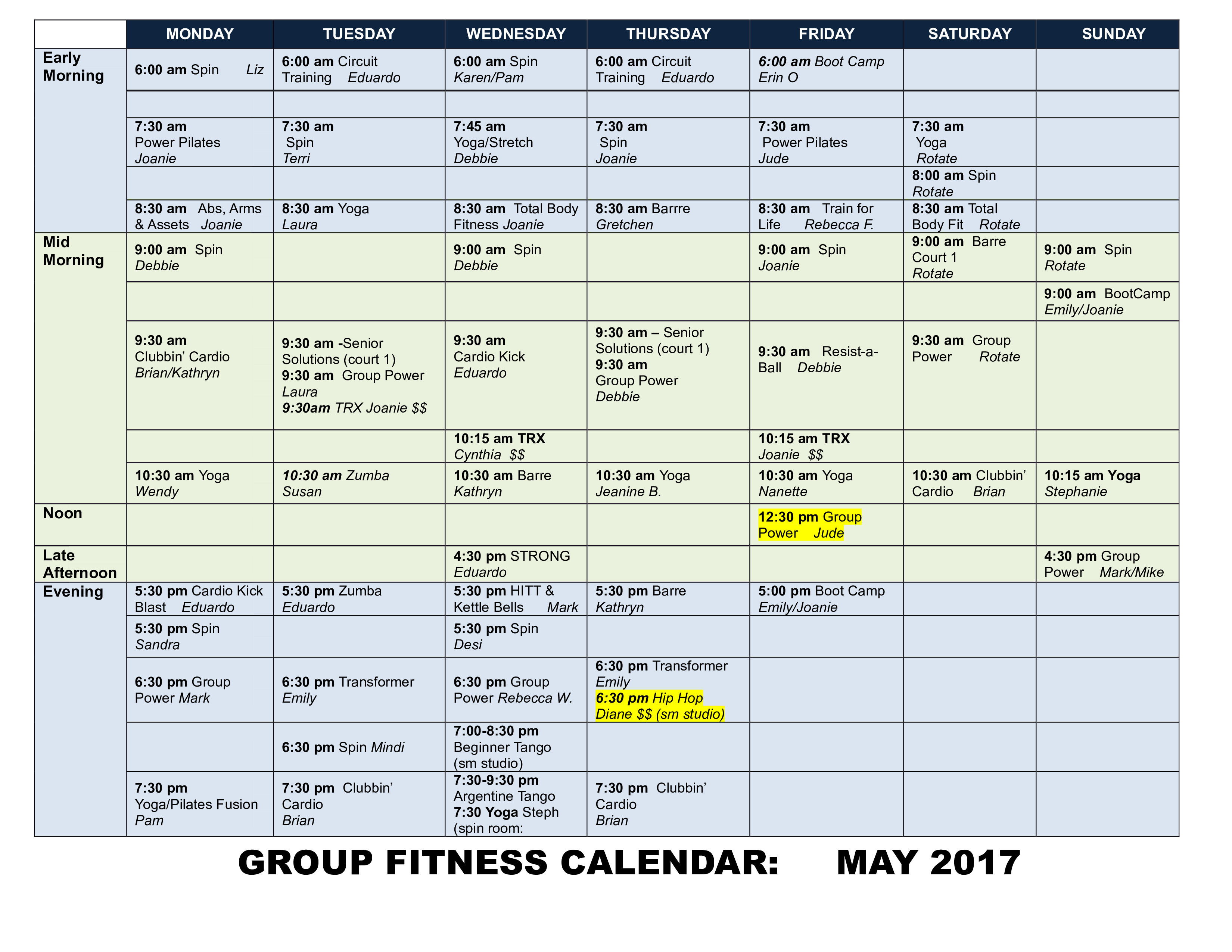 group fitness calendar template