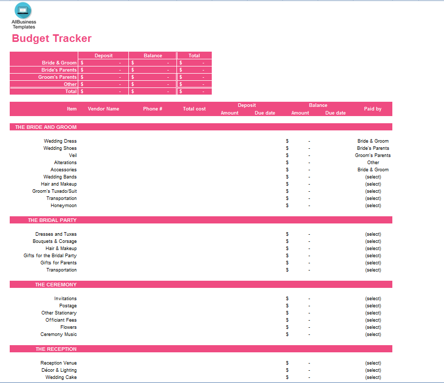 The Wedding Budget Tracker 模板