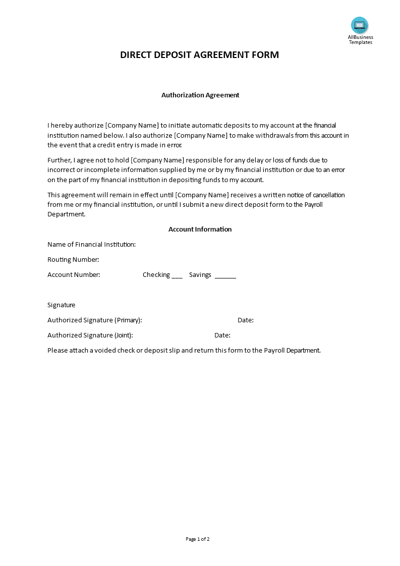 Hr Direct Deposit Agreement Form 模板
