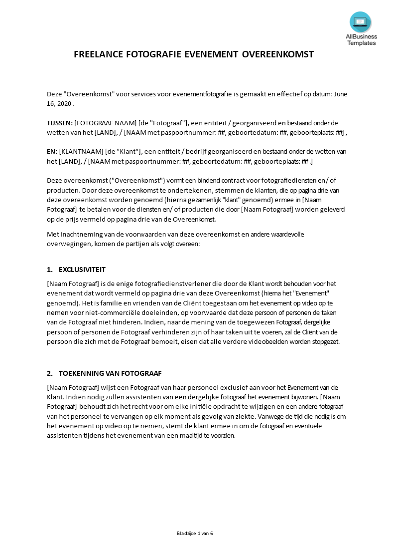 fotograaf freelance contract template