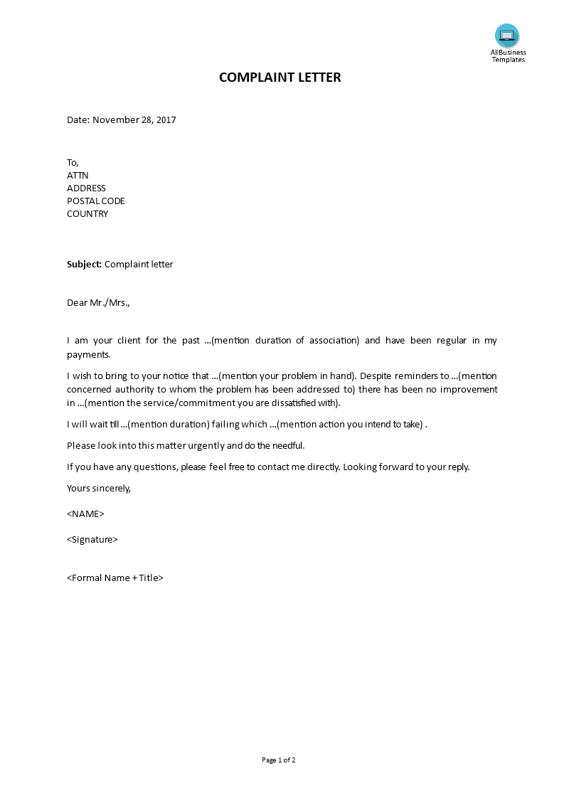Kostenloses Blank Complaint Letter template In Letter Of Commitment Template