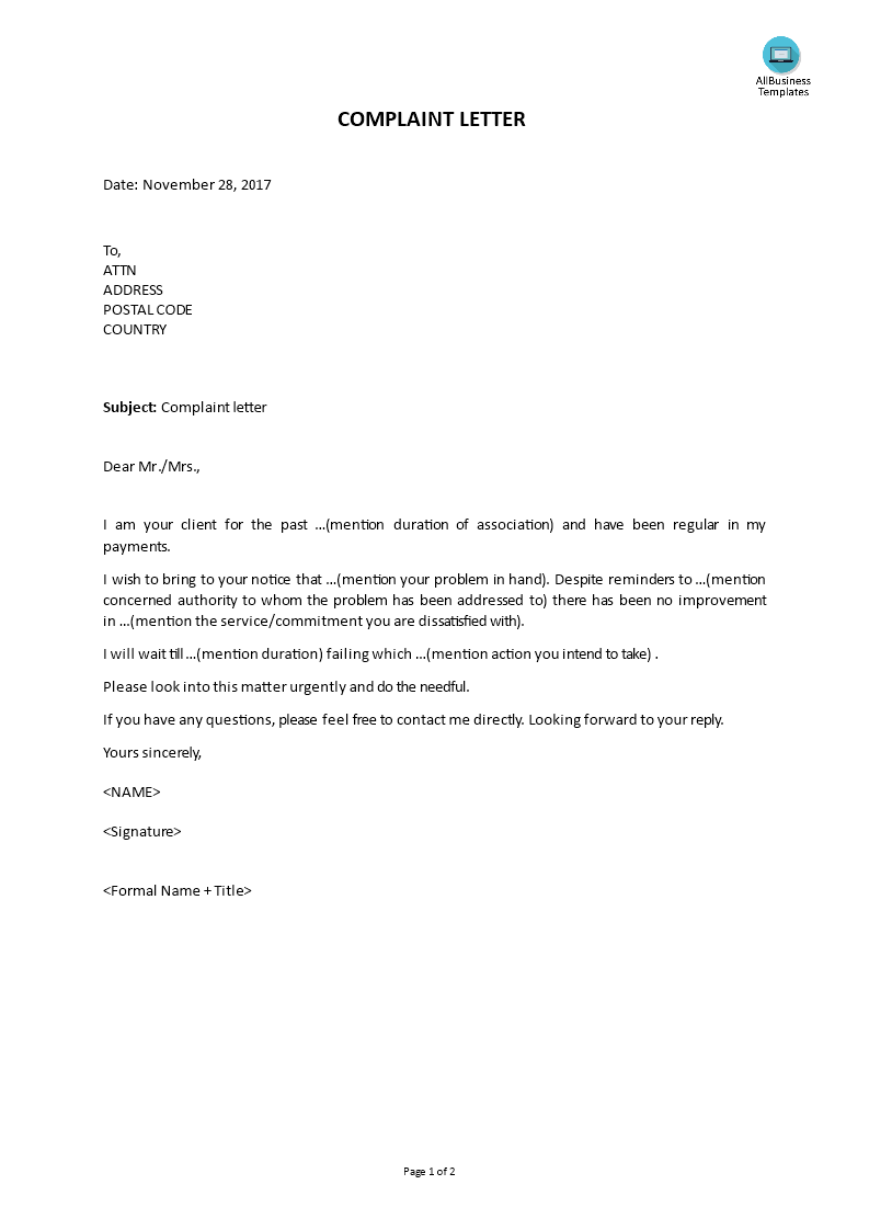 blank complaint letter template template