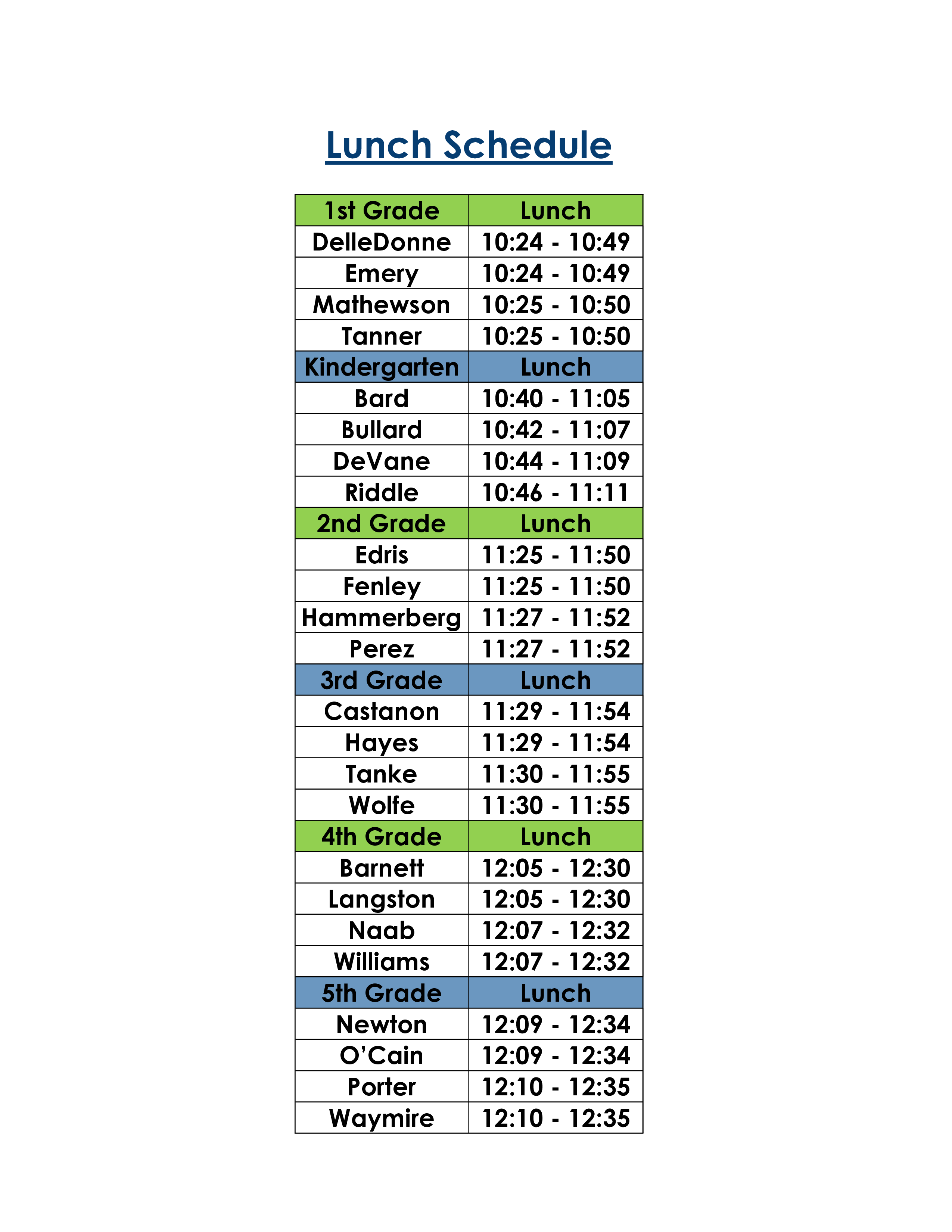 lunch schedule example template