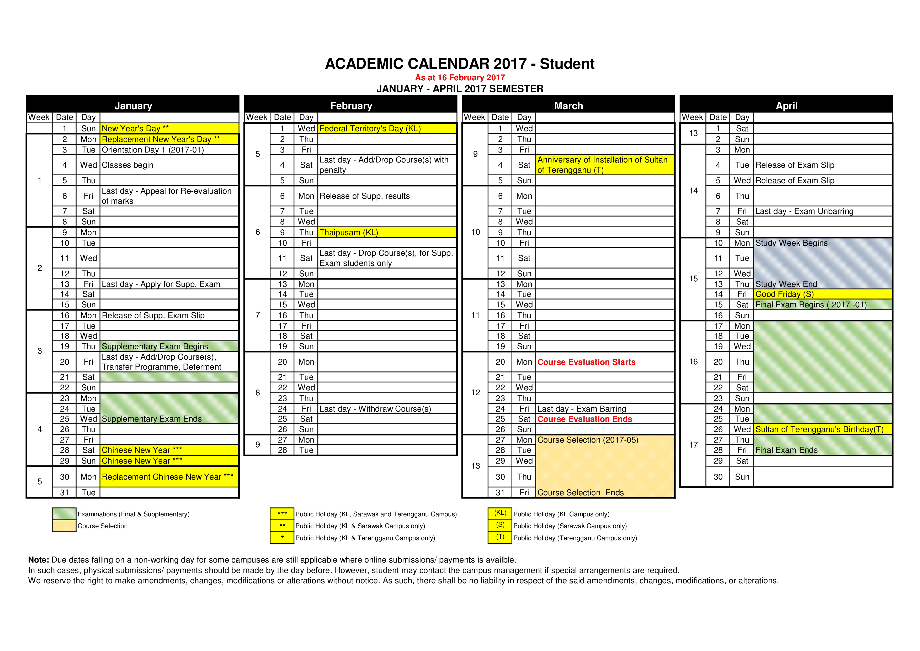 student calendar template