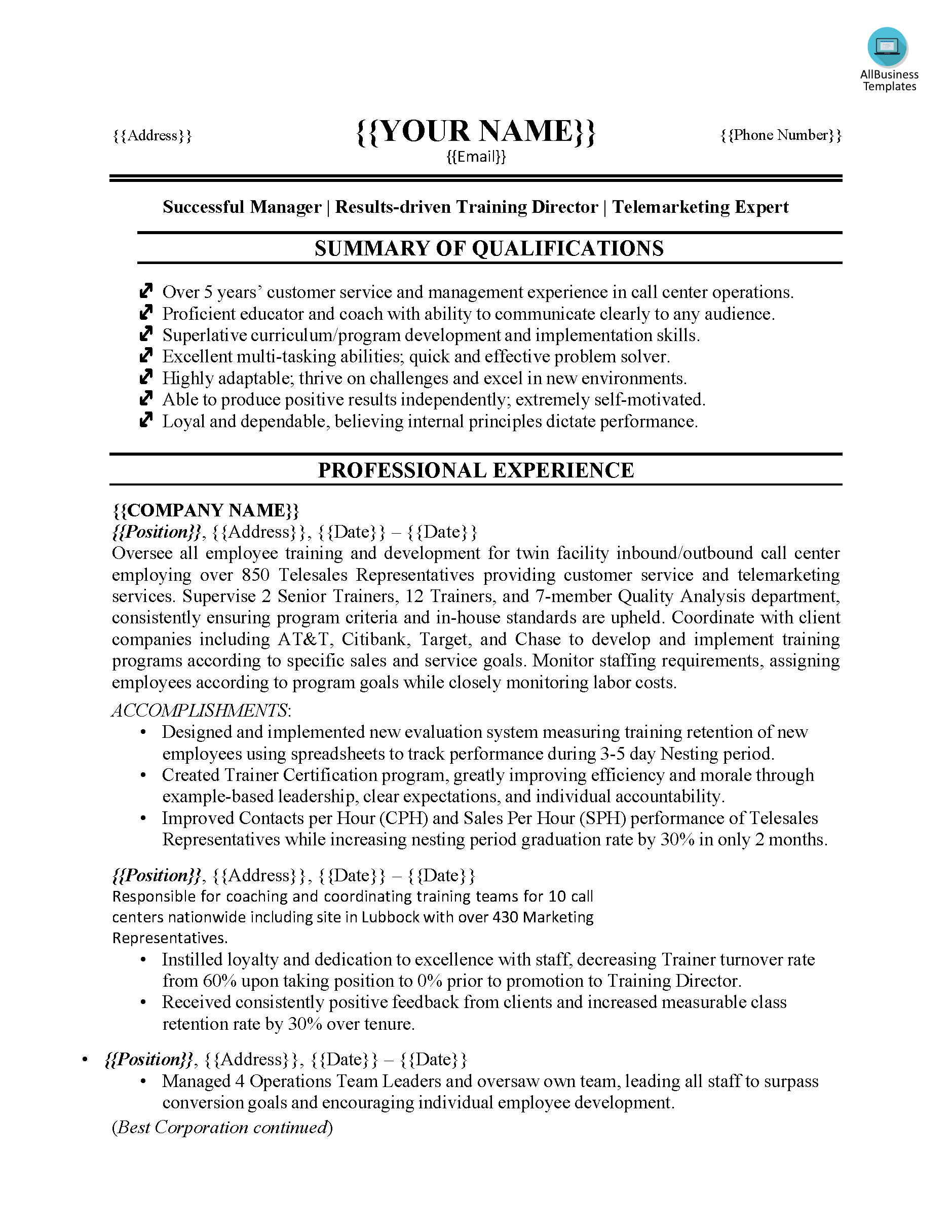 Customer Service Resume Sample 模板