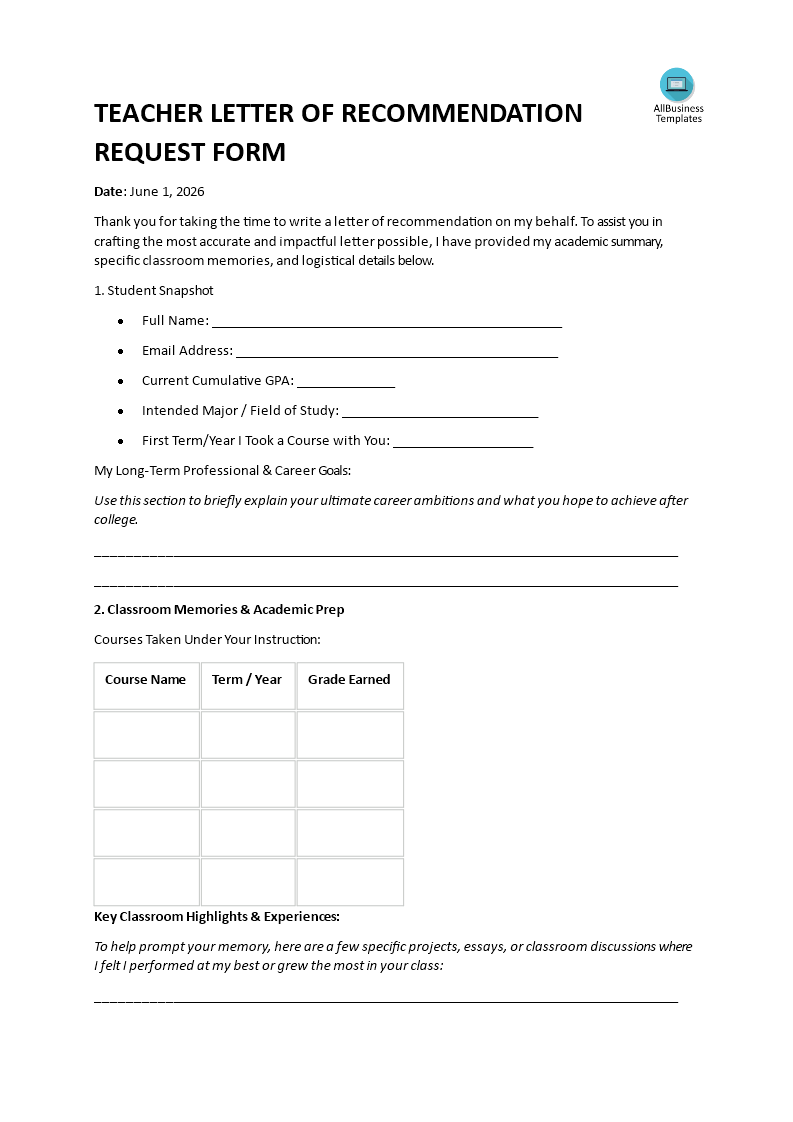 teacher letter of recommendation request form modèles