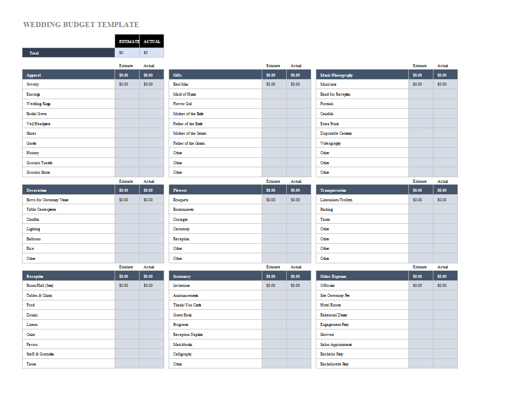 wedding budget spreadsheet printable template