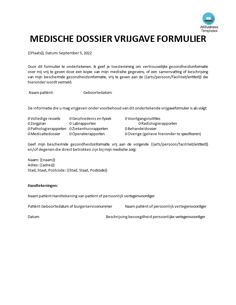 medische dossier vrijgave formulier voorbeeld afbeelding 