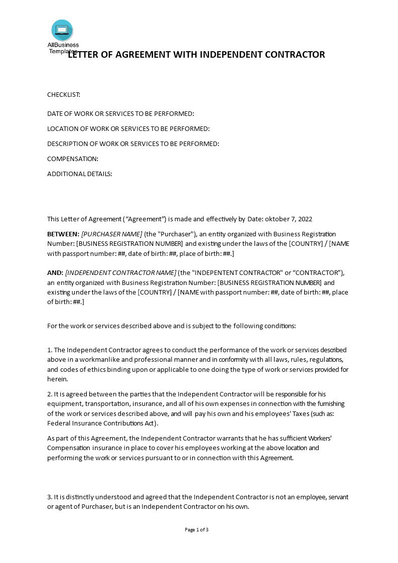 Letter of Agreement with Independent Contractor main image