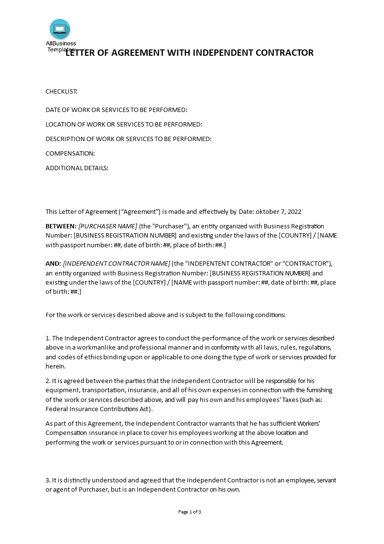 letter of agreement with independent contractor modèles