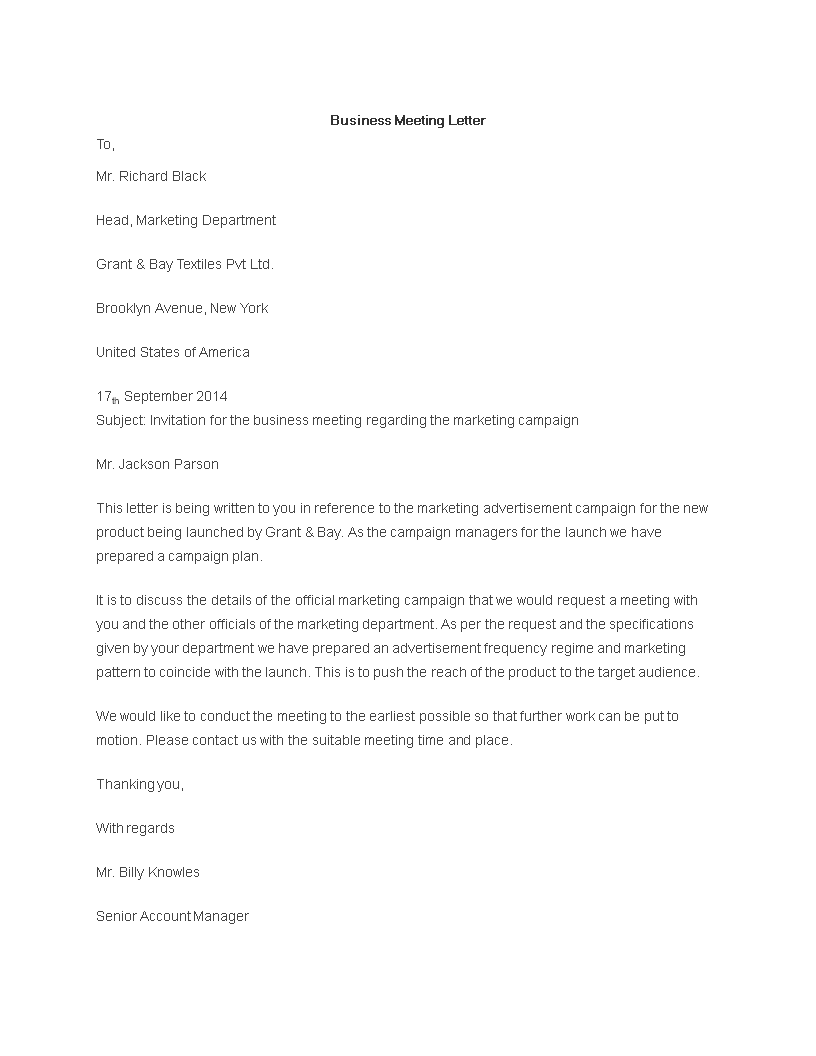 Formal Invitation for Business Meeting Letter sample main image