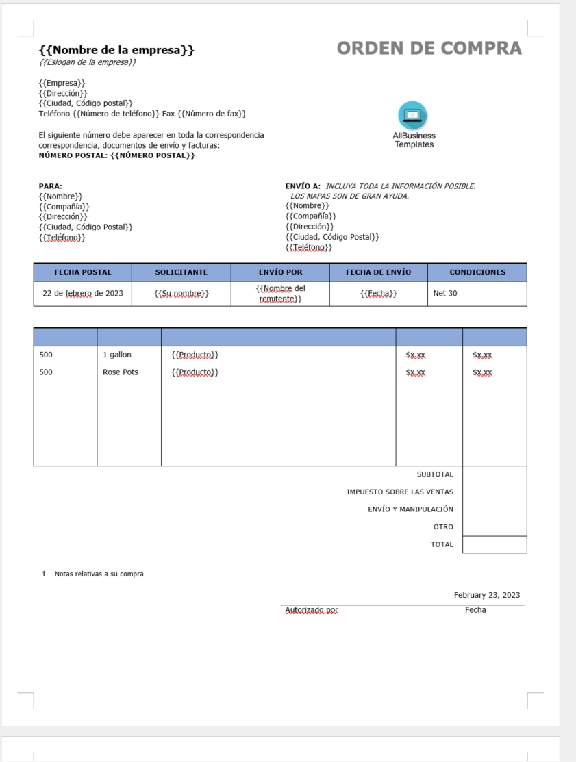 ejemplo de orden de compra plantilla imagen principal