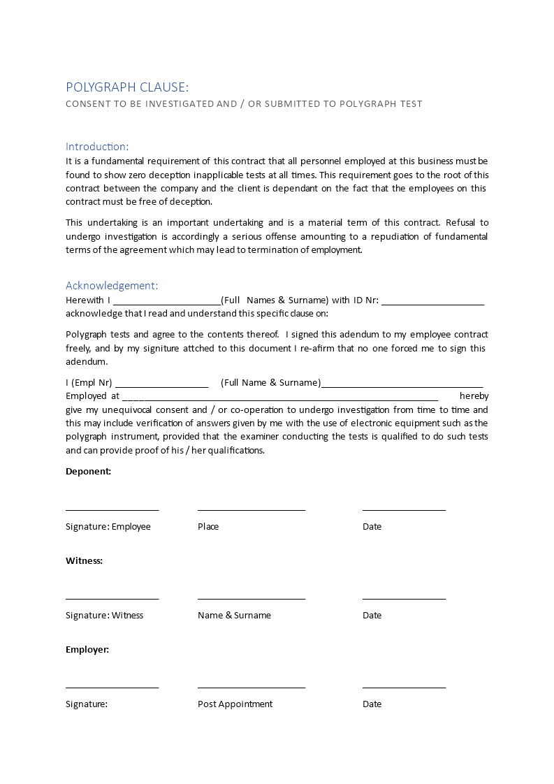 employee contract addendum regarding polygraph test template