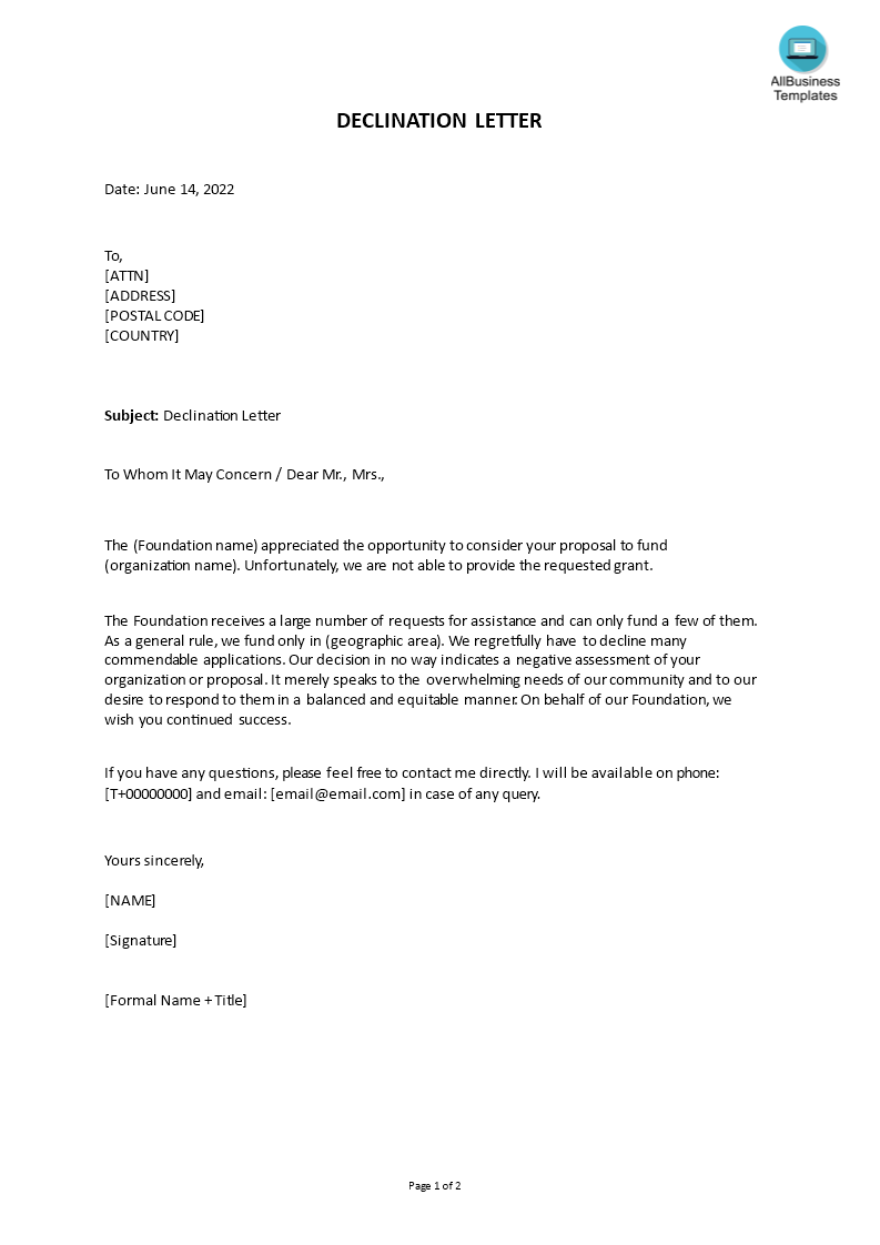 sample declination letter voorbeeld afbeelding 