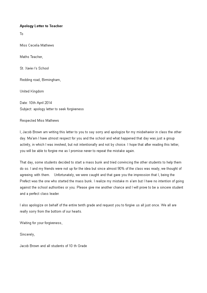 letter of apology to teacher modèles