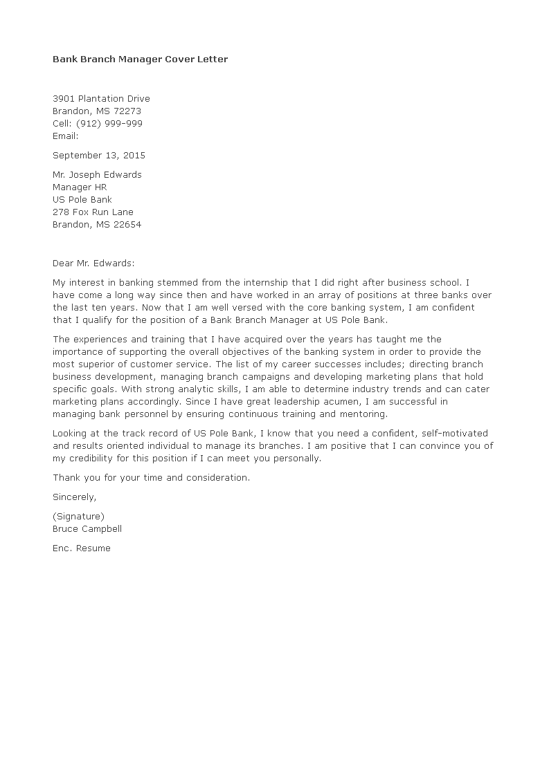 bank branch manager cover letter sample template