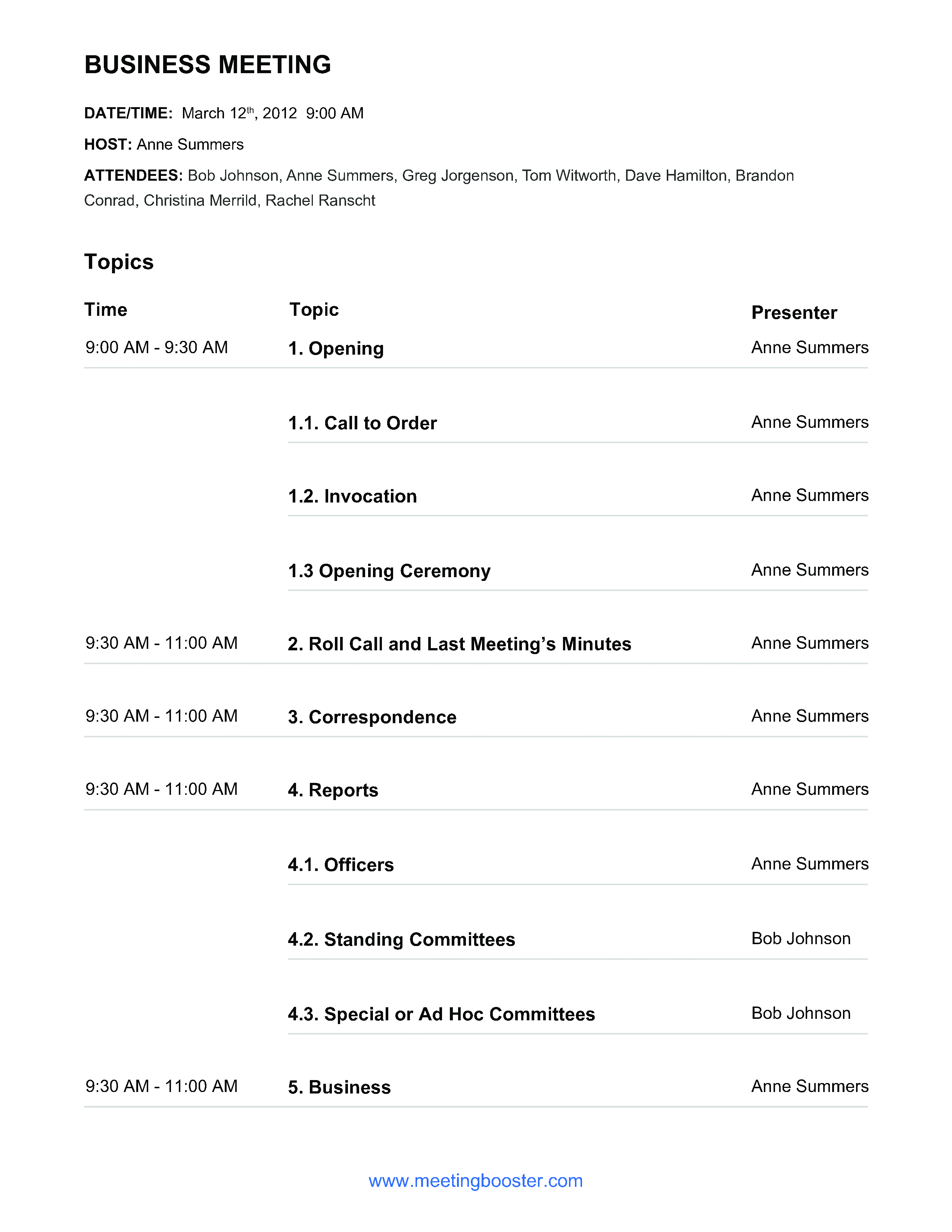 Business Meeting Agenda example 模板