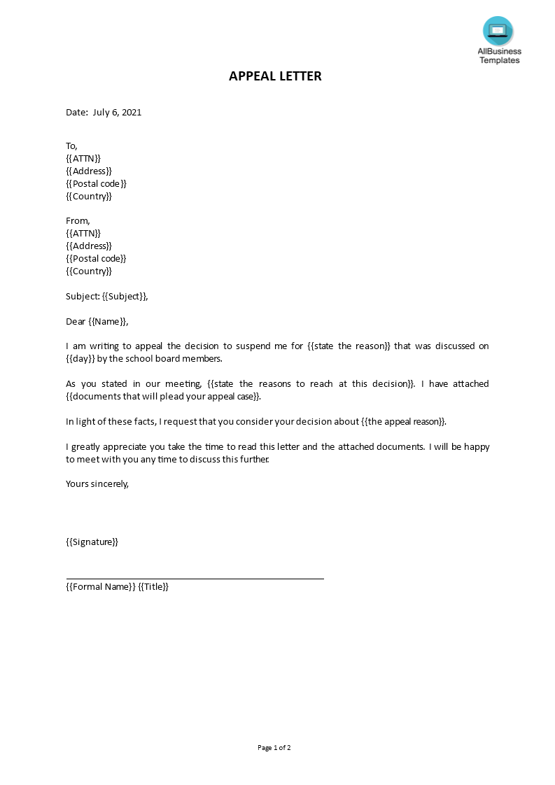 appeal letter for school template