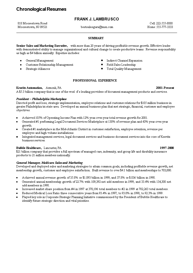 senior sales and marketing executive resume modèles