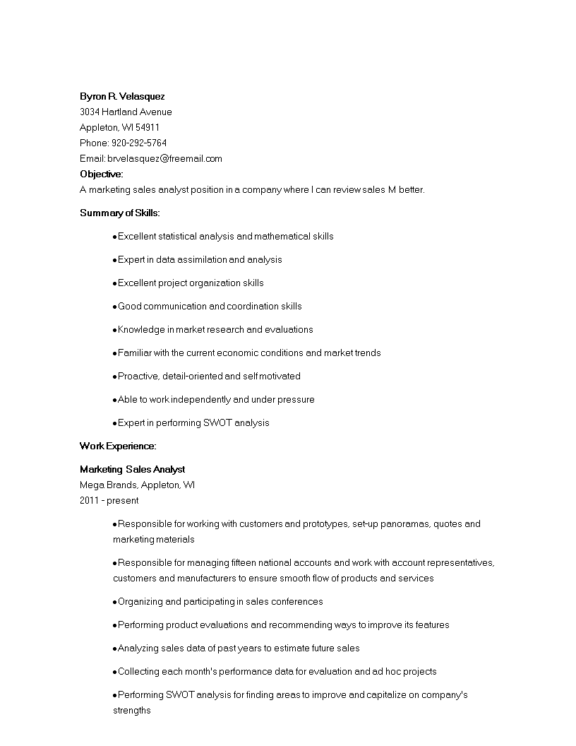 Sales Marketing Analyst Resume 模板