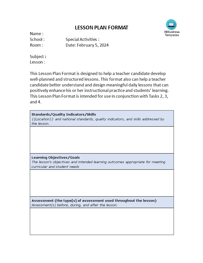 lesson plan format word template