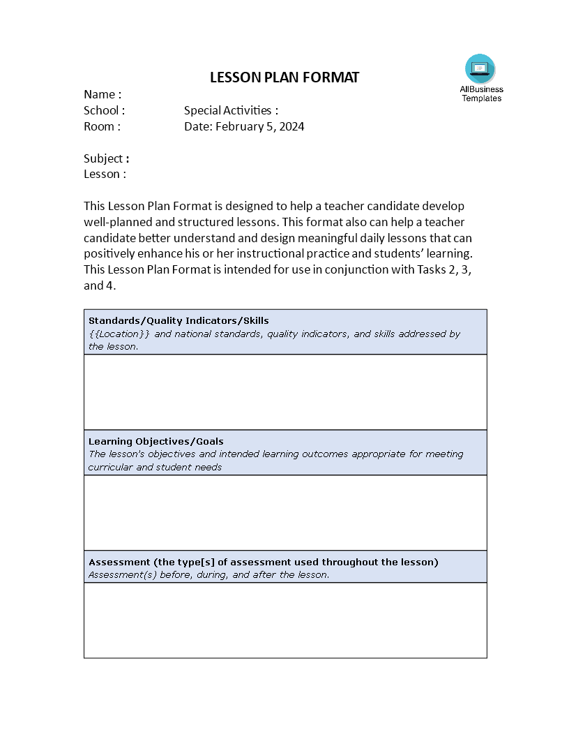 lesson plan format word modèles