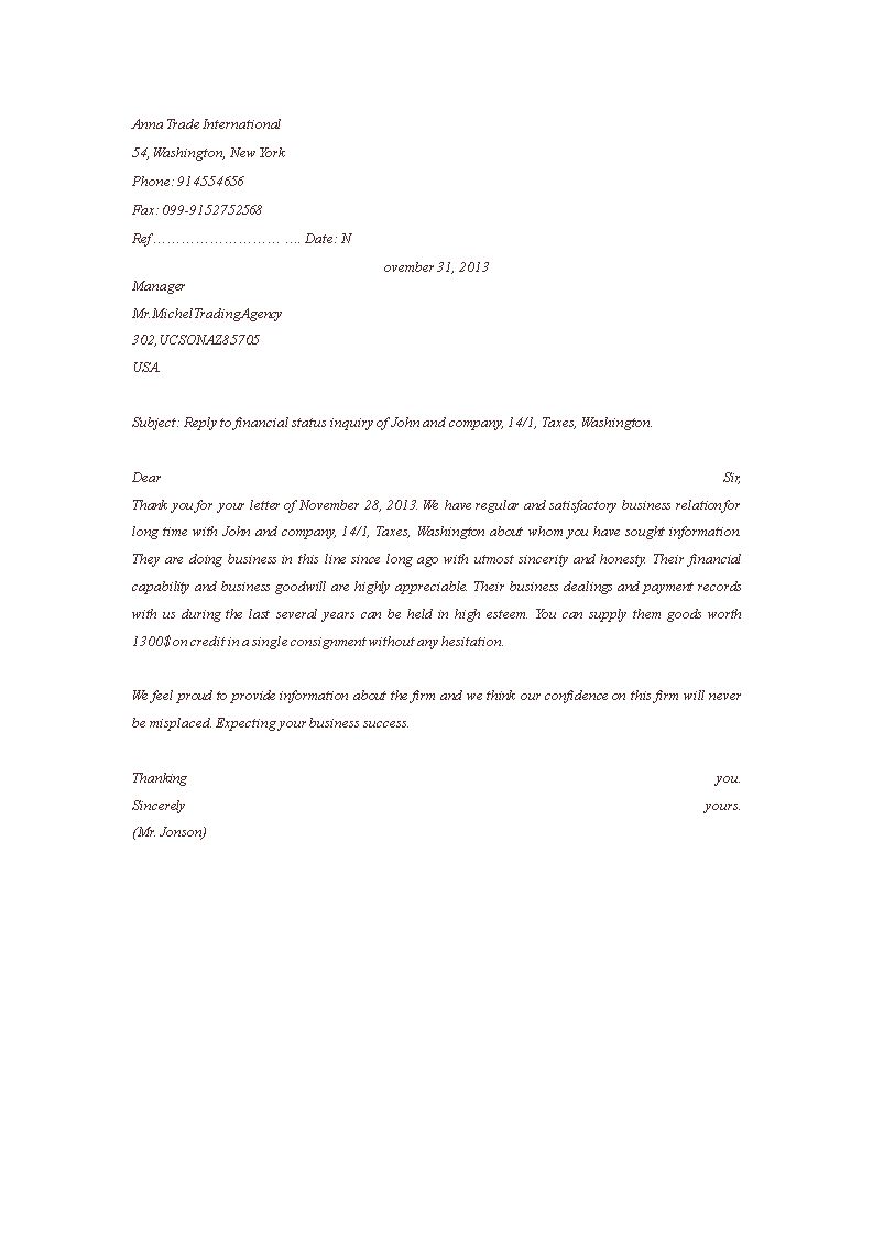 Business Enquiry Reply Letter 模板