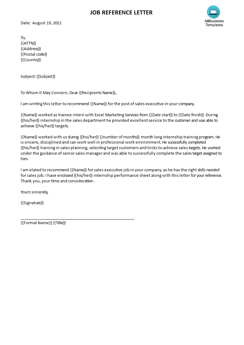 sales manager reference letter template