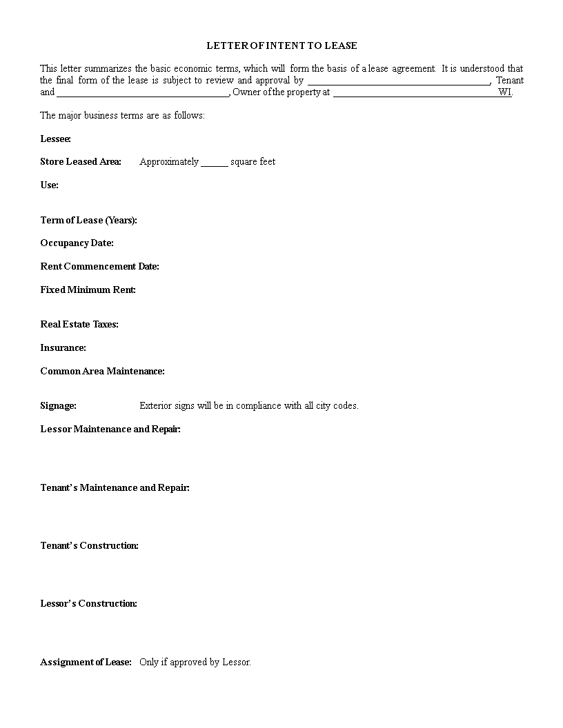 Letter of Intent to Lease template 模板