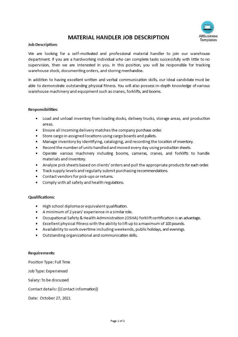 material handler job description plantilla imagen principal