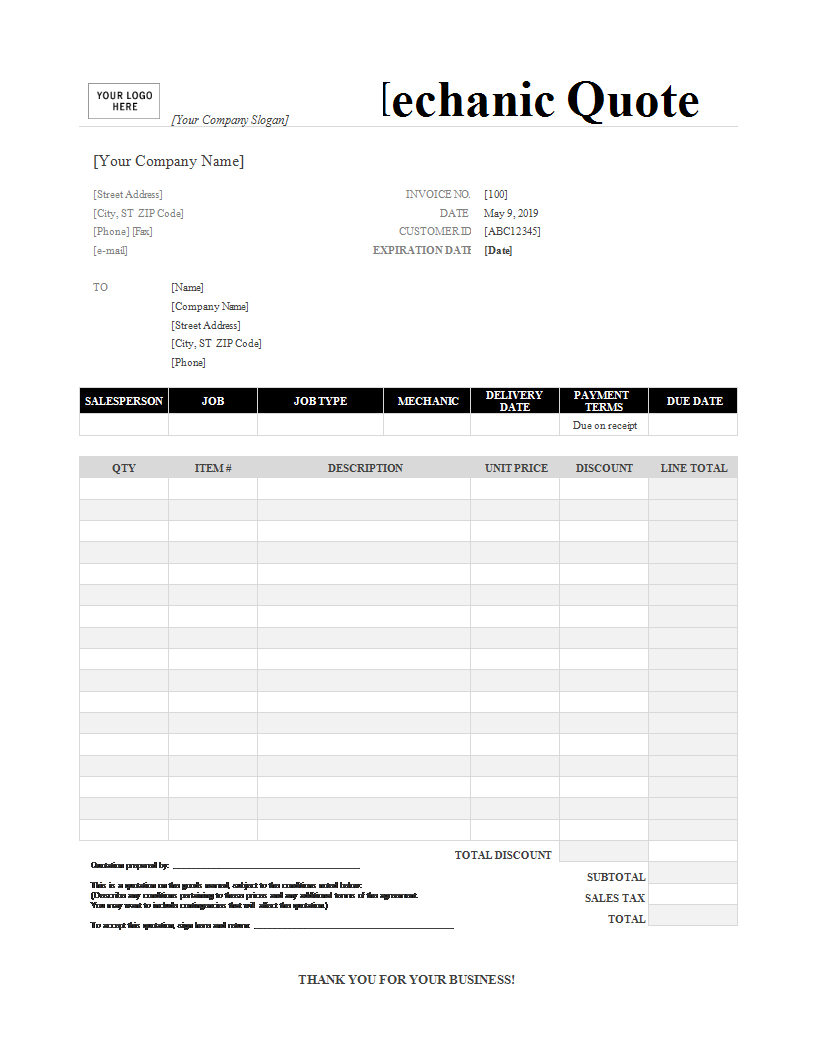 Quote template worksheet 模板