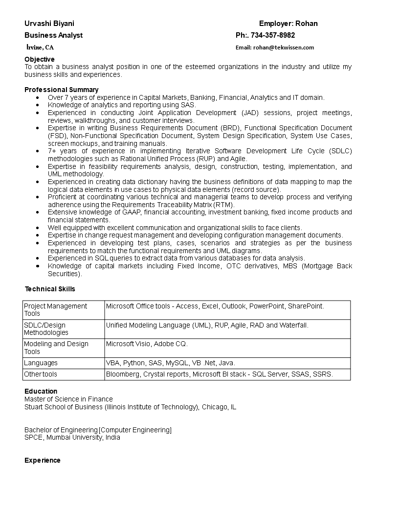 business analyst it resume modèles