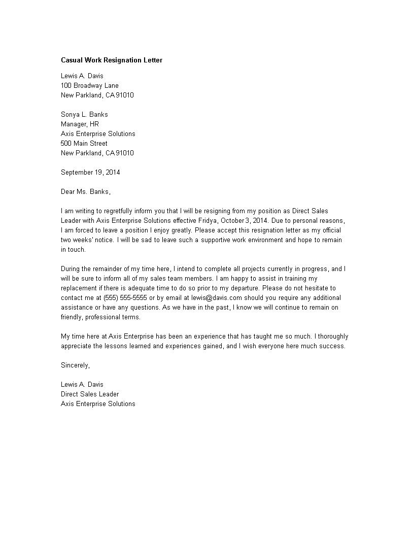 Letter Of Resignation Casual from www.allbusinesstemplates.com