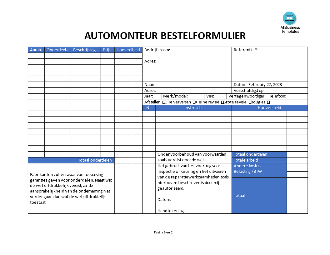 monteur bestelformulier voorbeeld afbeelding 