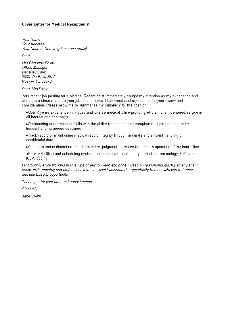 medical receptionist job application letter sample modèles