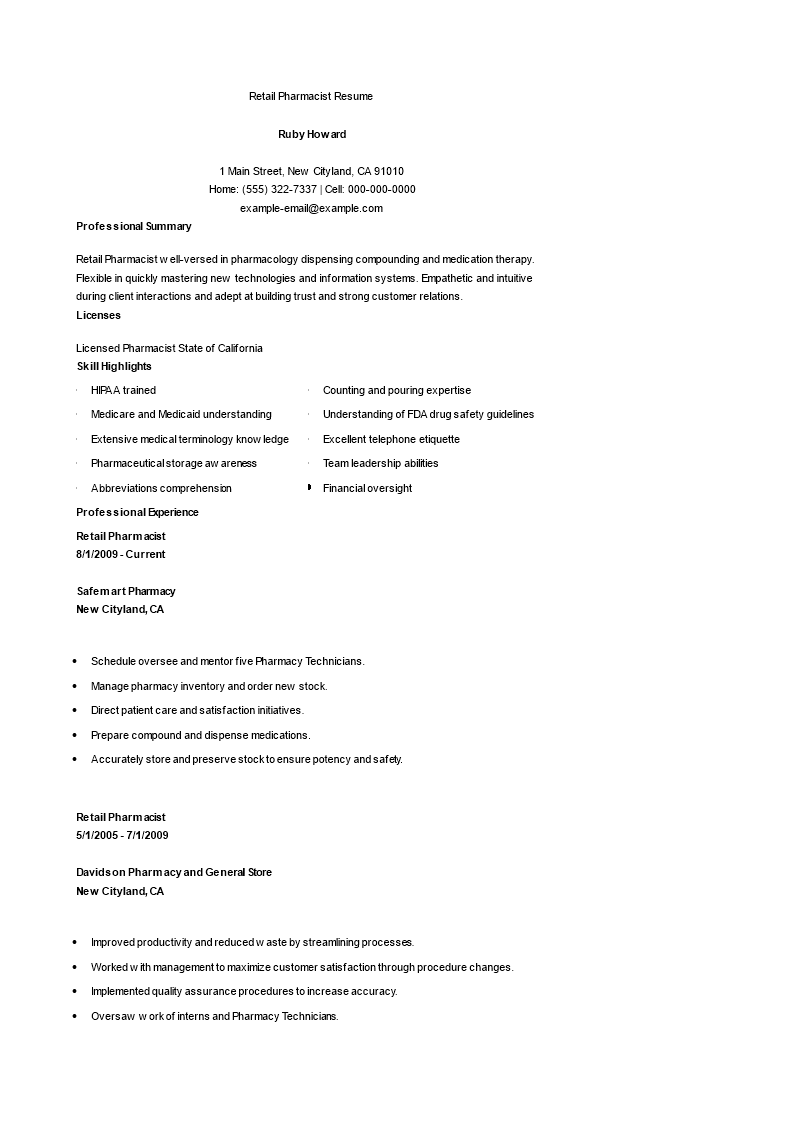 Retail Pharmacist Resume 模板