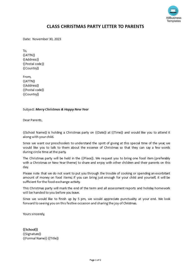 Class Christmas Party Letter to Parents main image