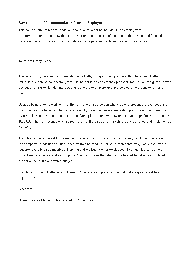 letter of recommendation for a job from employer template