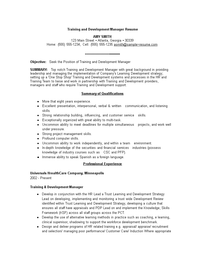 training and development manager resume modèles