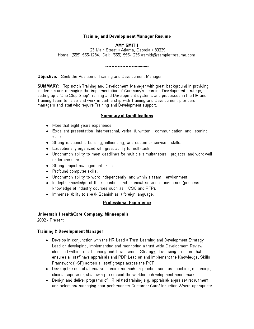 Training And Development Manager Resume main image