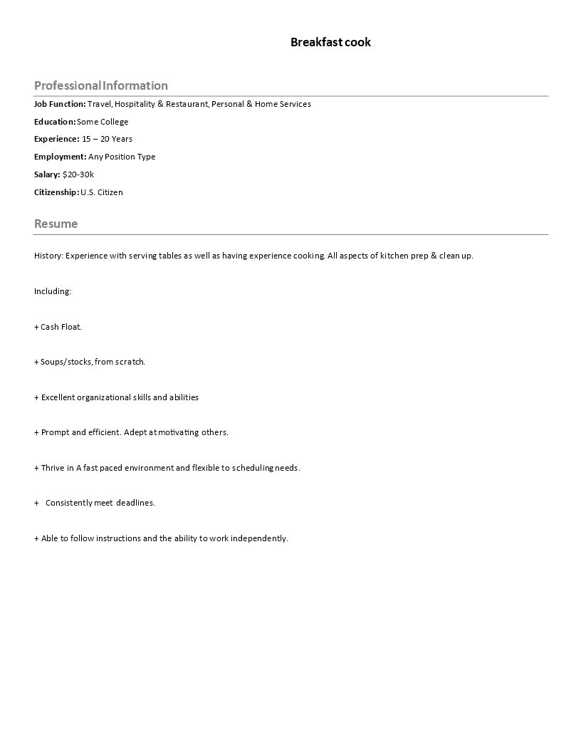 professional breakfast cook resume template