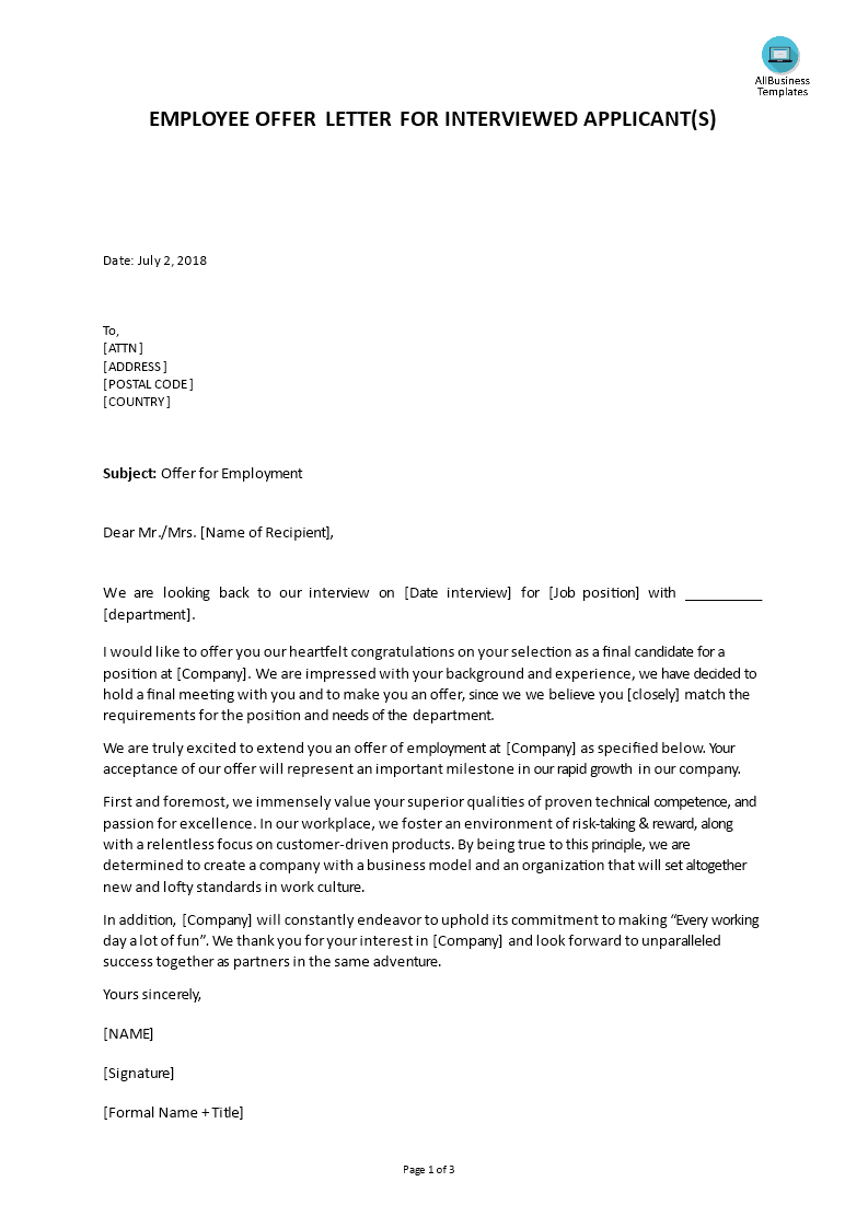 employee offer letter voorbeeld afbeelding 