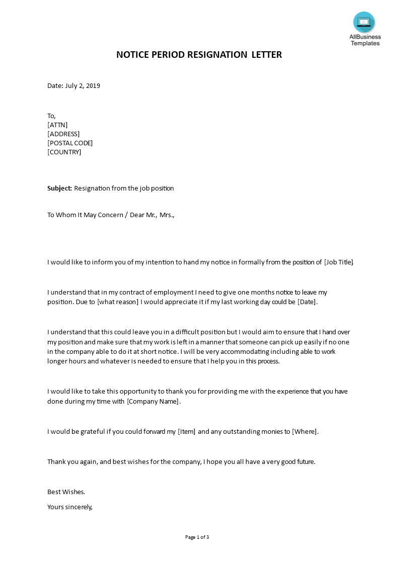 notice period resignation letter example template