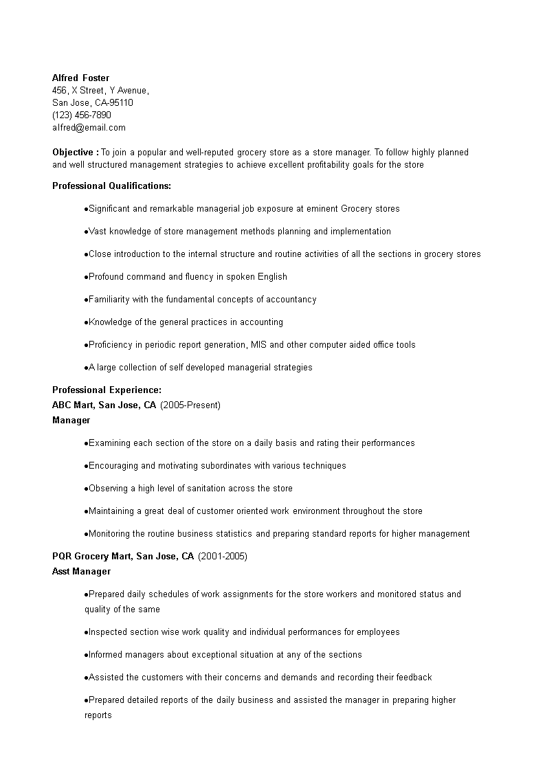 grocery store manager resume template