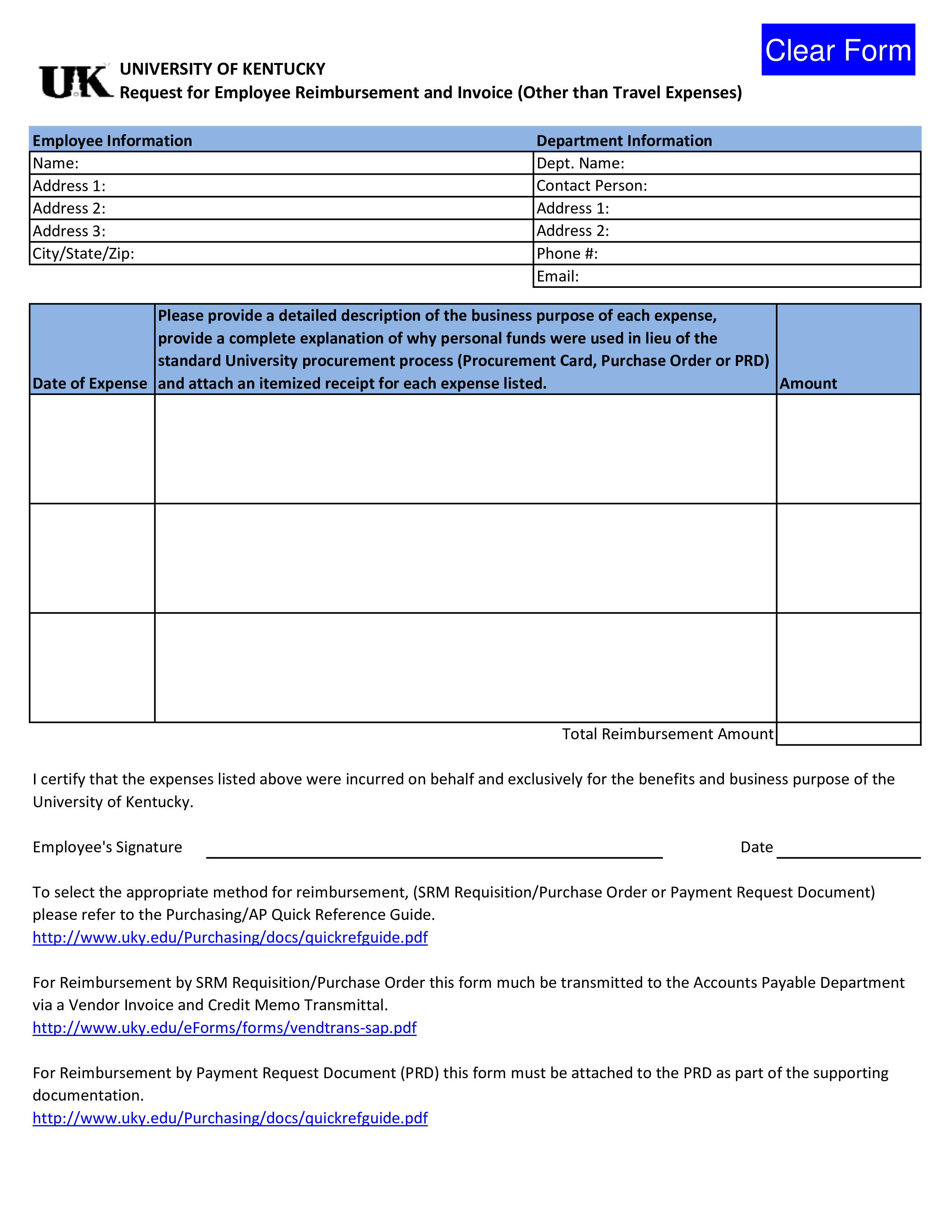 employee reimbursement form simple template