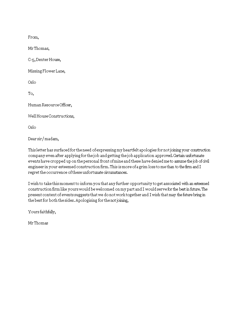 apology letter for not joining company modèles