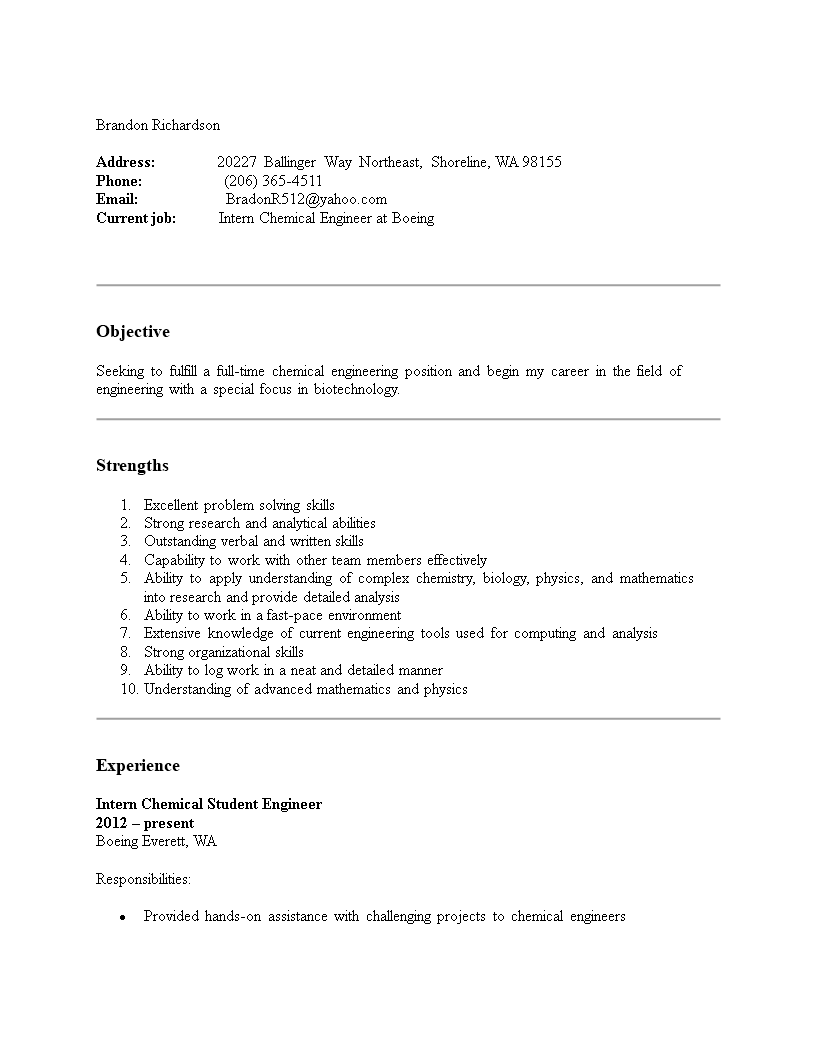 Chemical Engineering Resume main image