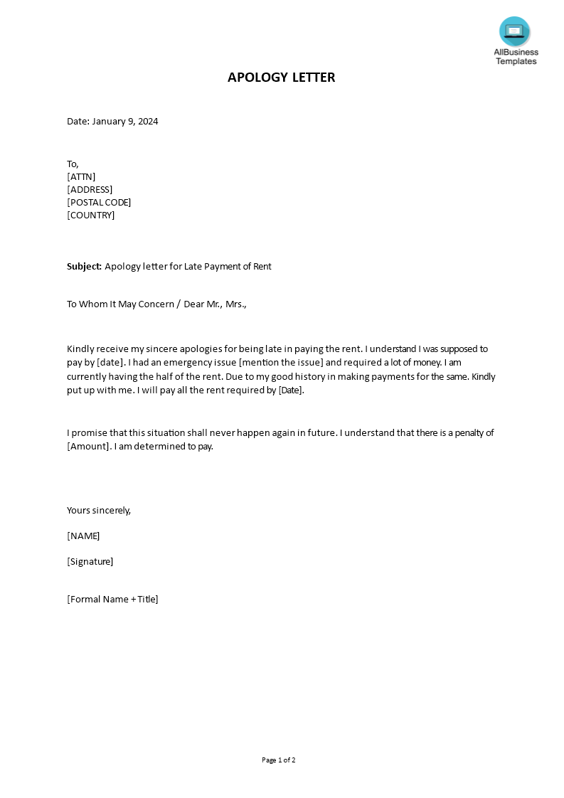 apology letter for late payment of rent template