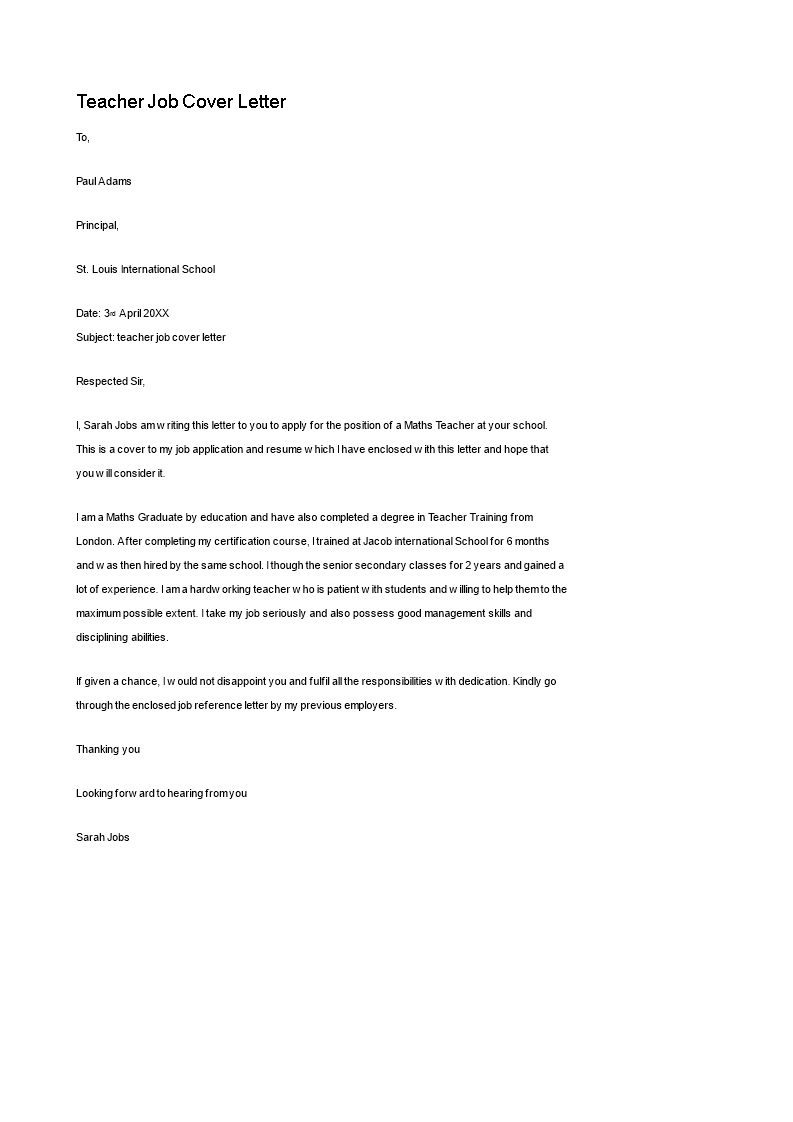 cover letter for teacher job template