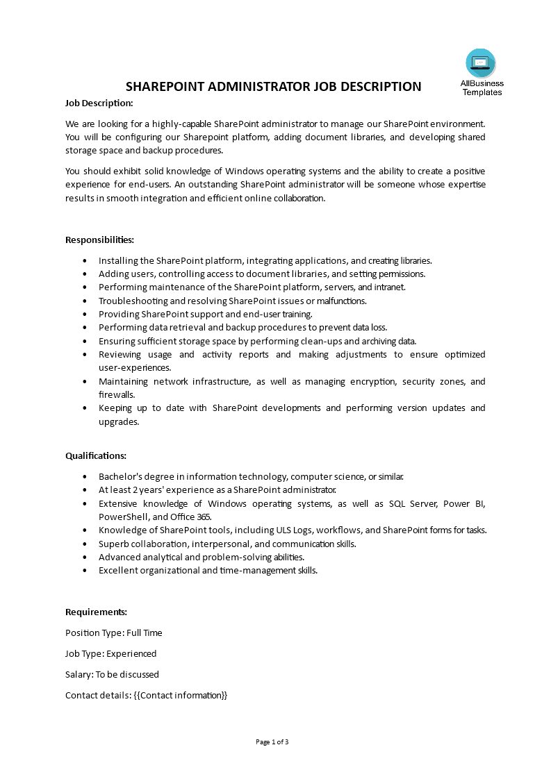 sharepoint administrator job description modèles